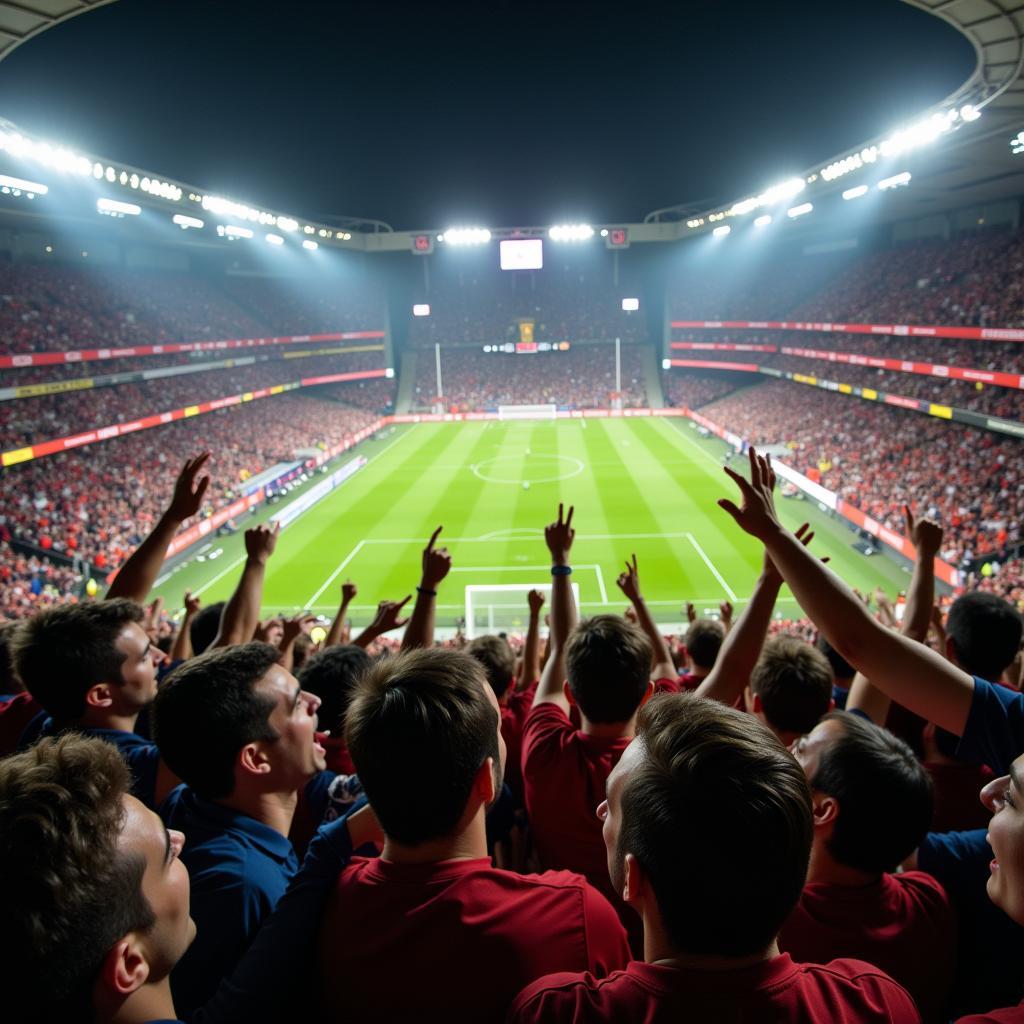 Fans chanting in a packed football stadium