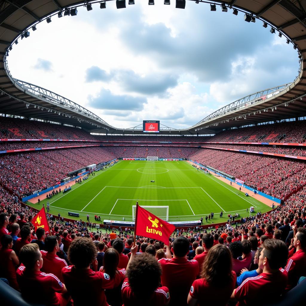 Football fans cheering in a packed stadium