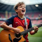 Fan covering a football anthem with acoustic guitar