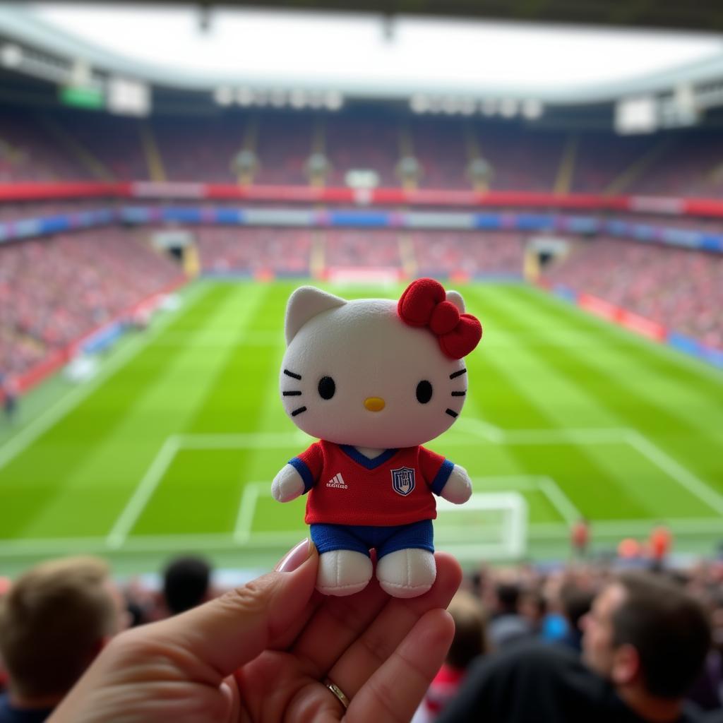 Fan holding a Hello Kitty plush toy at a football stadium.