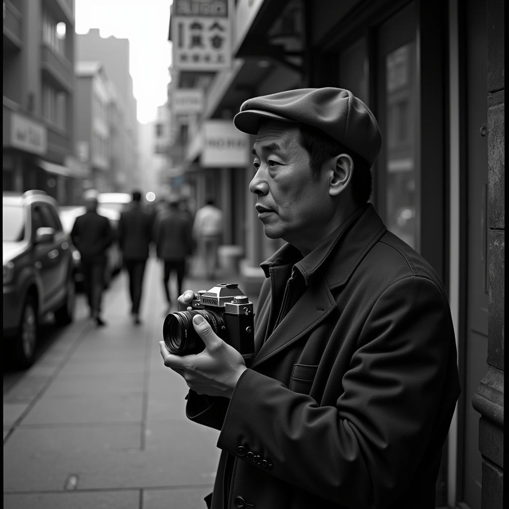 Fan Ho capturing a street scene in Hong Kong with his Rolleiflex camera, emphasizing the use of light and shadow.