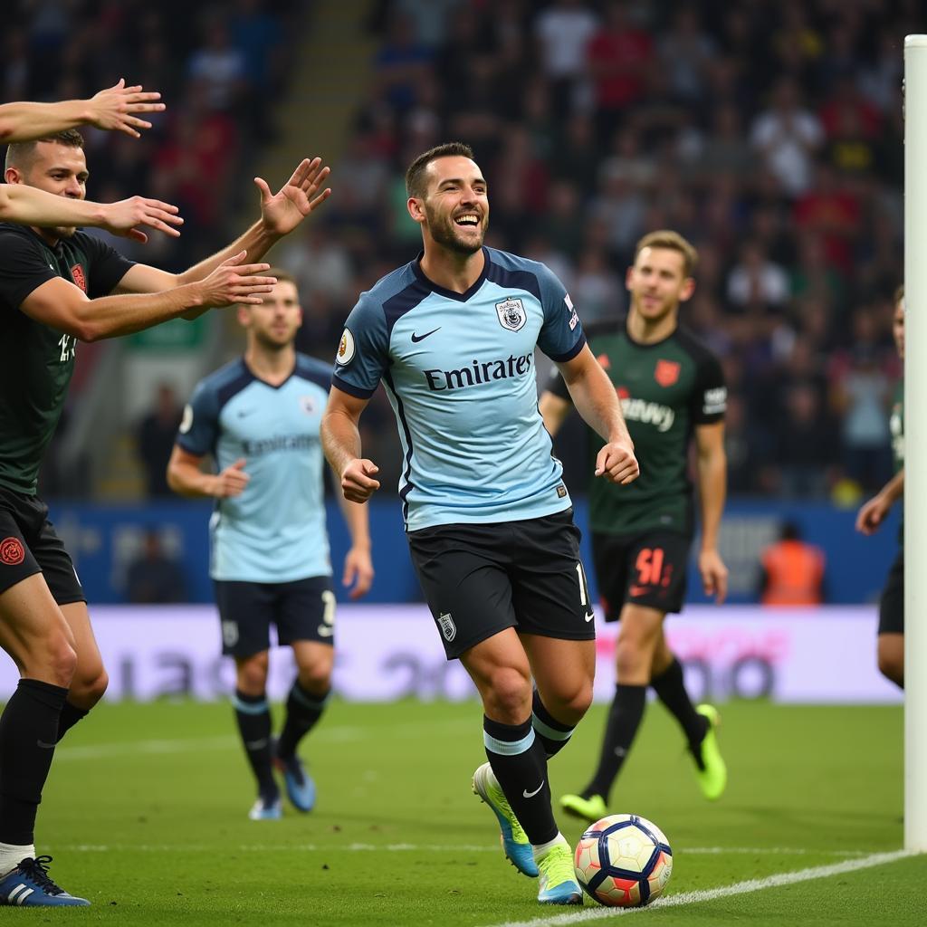 Fans celebrating a goal with their idol.