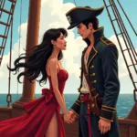 Fanart depicting Fan Mều and Redhood Pirate in a romantic setting