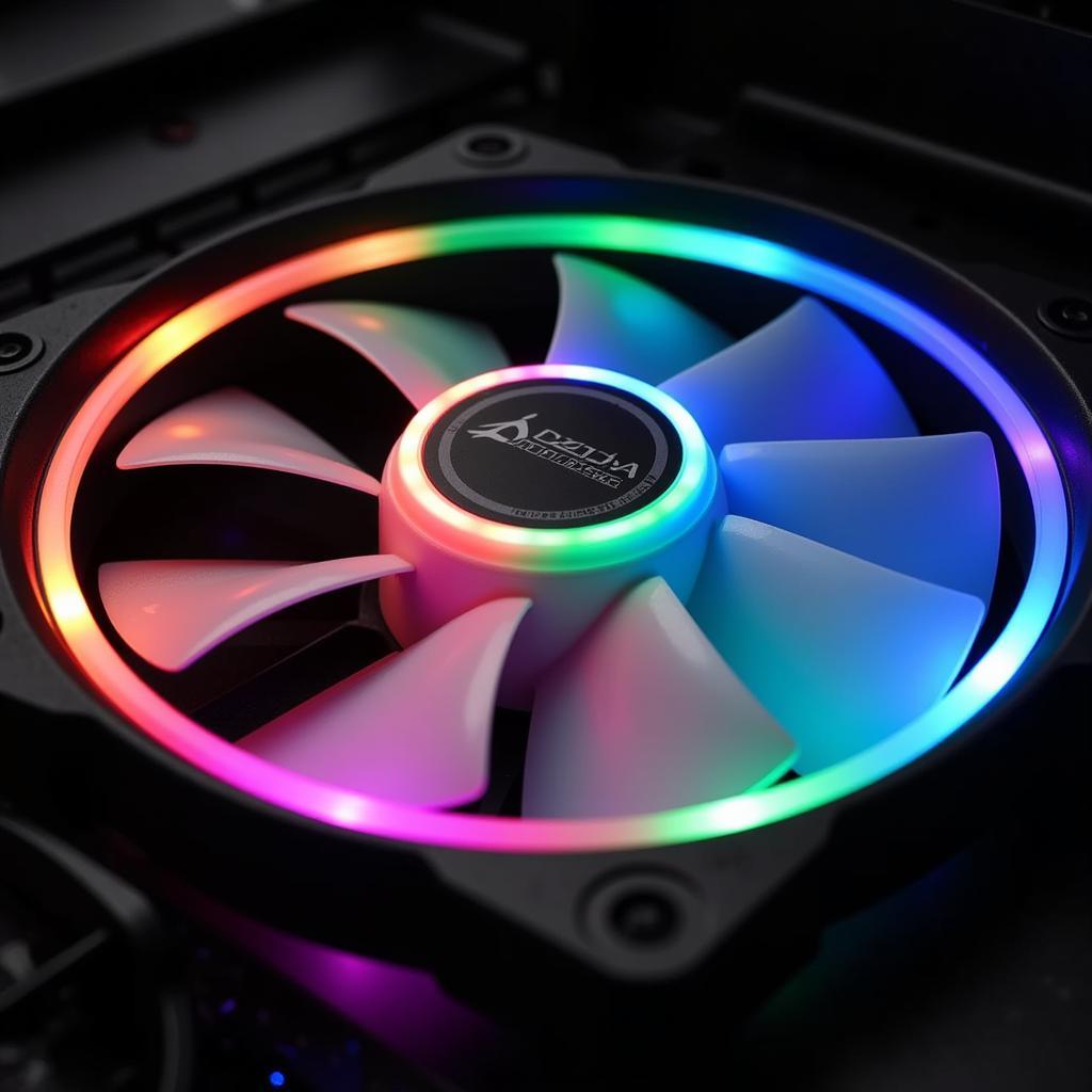 Close-up view of a Fan SF-12025 showing its blade design and RGB lighting