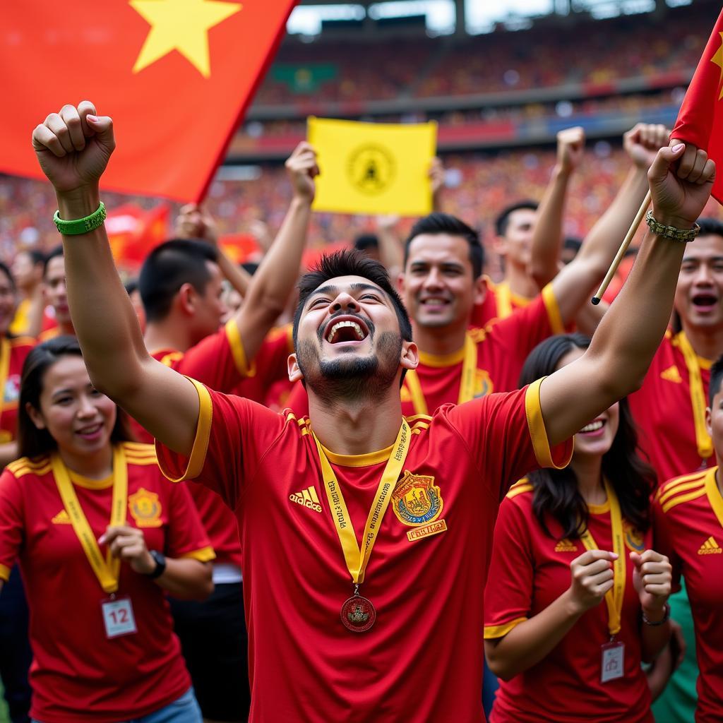 Vietnamese football fans enthusiastically cheering for the national team during an international match