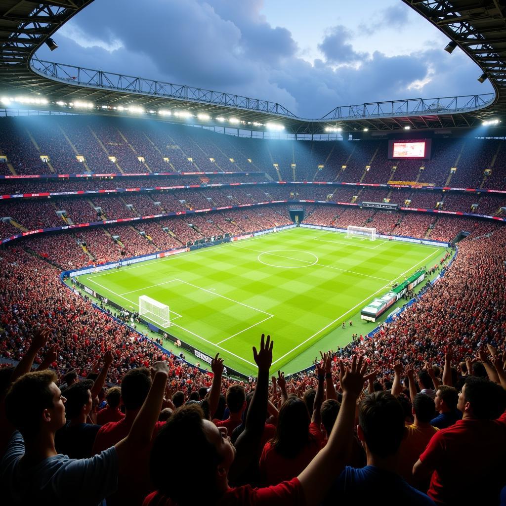 A panoramic view of a fan wave rippling through a packed football stadium