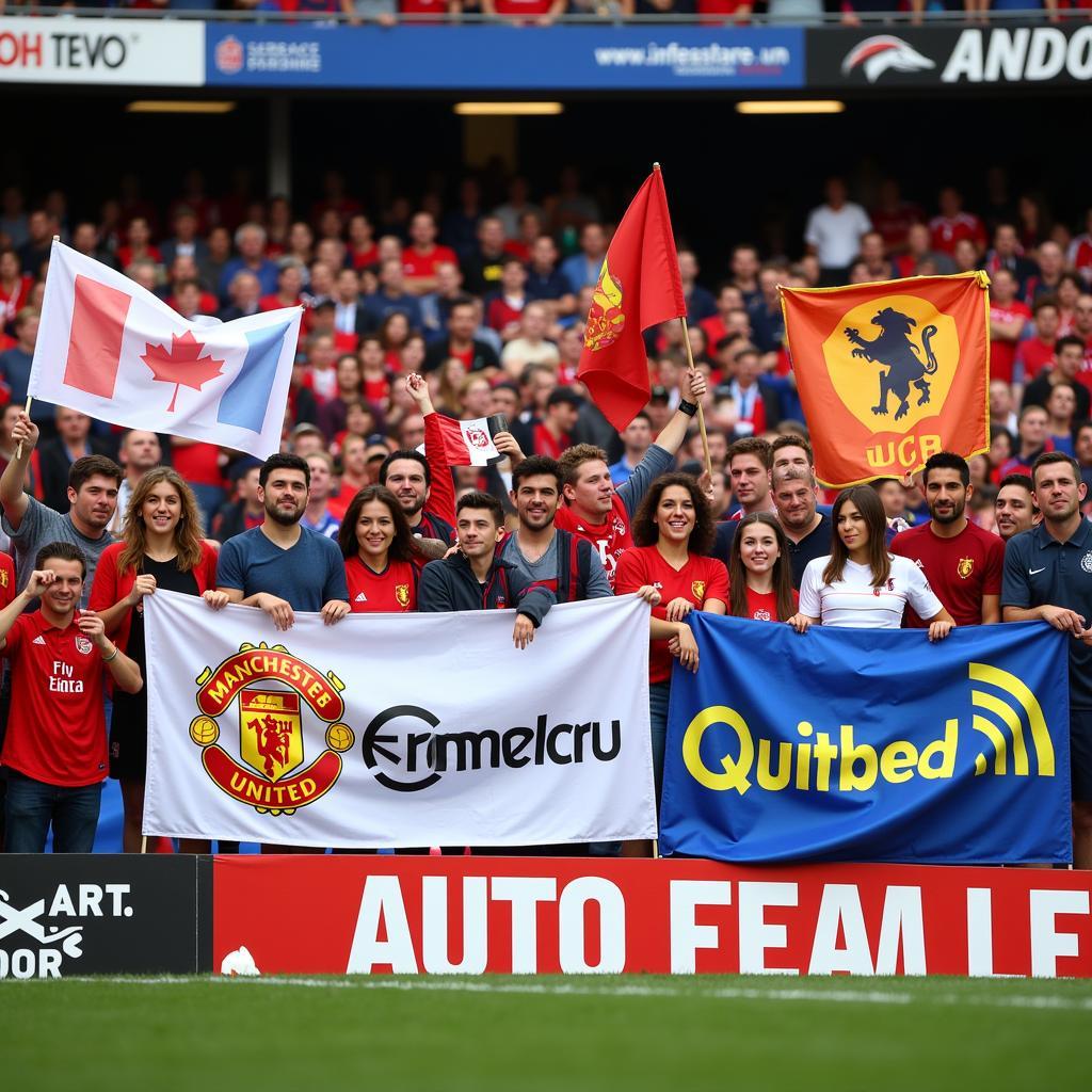 Fans displaying their support with banners and flags during a football match.