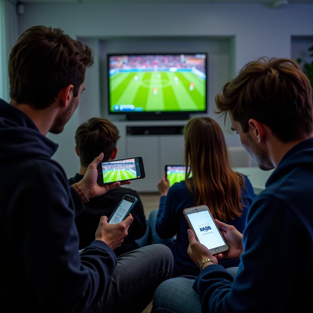 Fans watching a football match on their mobile devices, representing the digital evolution of fandom.