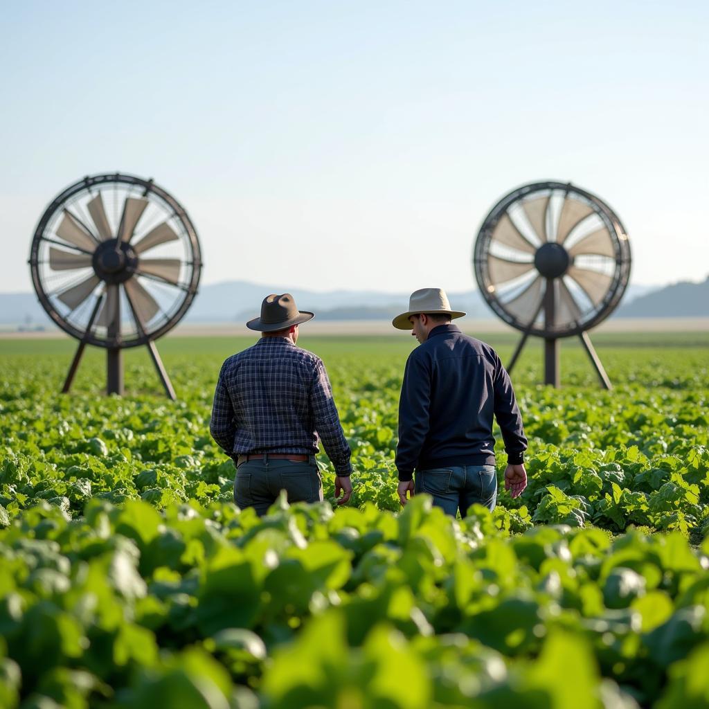 Farmers Inspecting Crops Protected by Frost Fans