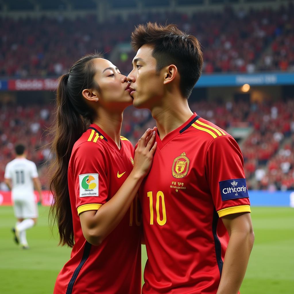 A female Vietnamese football fan kissing singer Du Thiên during a football match.