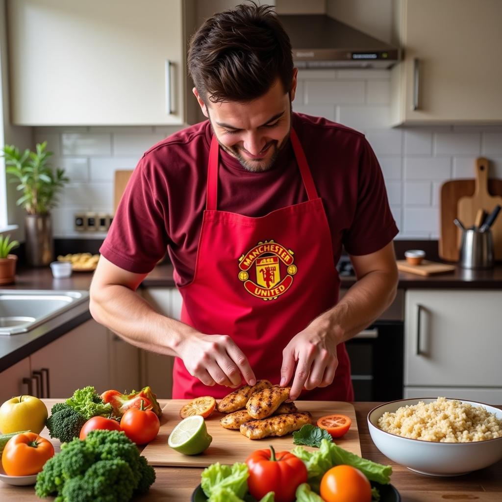 A Manchester United fan preparing a healthy meal.