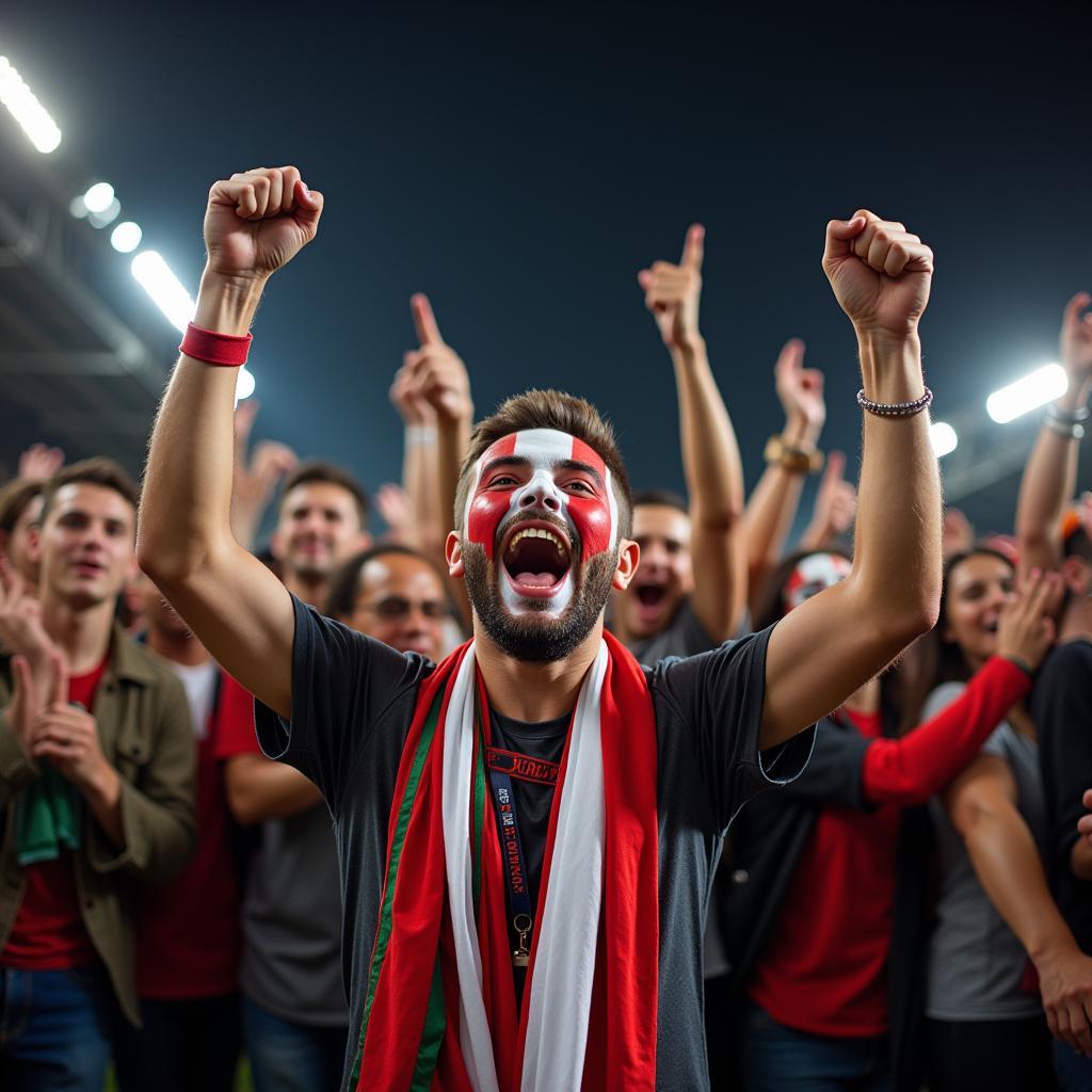 Football fan celebrating a goal with arms raised in the air