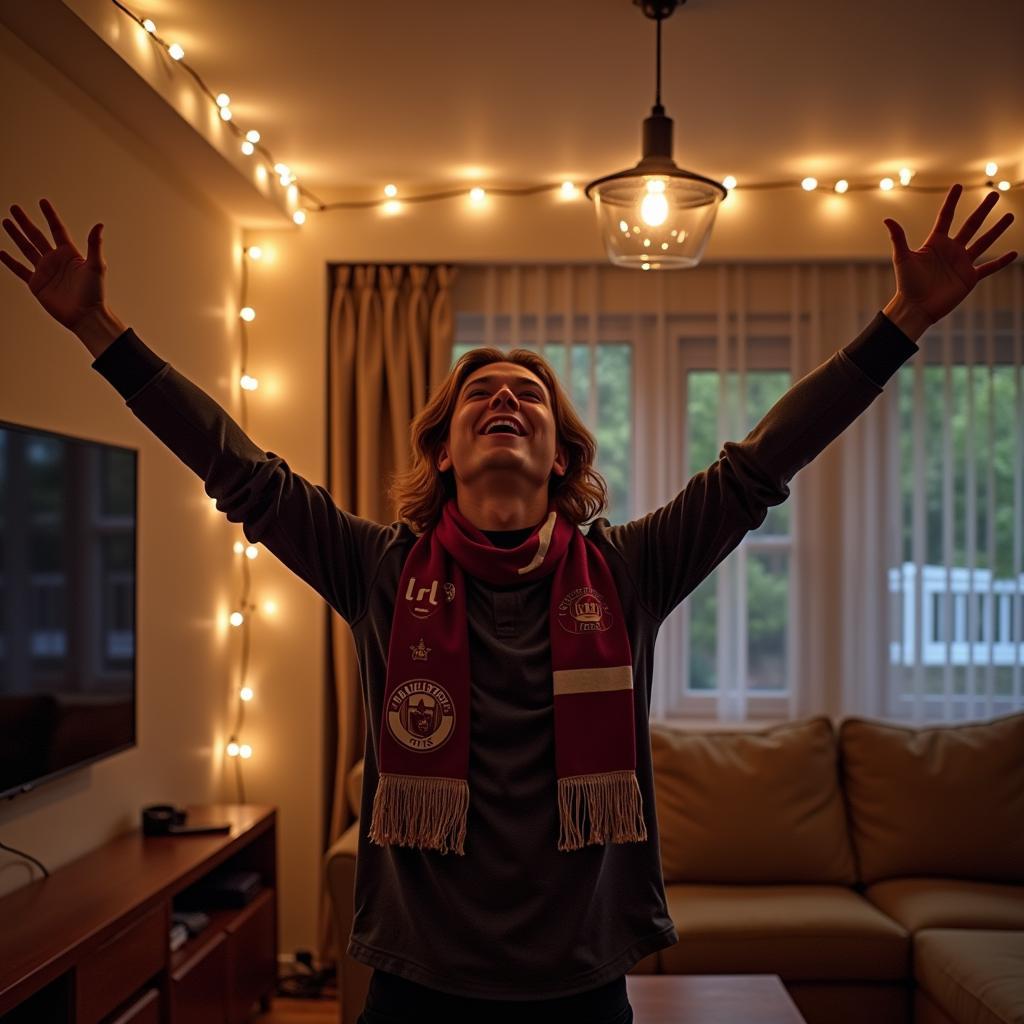 A solitary football fan celebrating a goal in their living room.