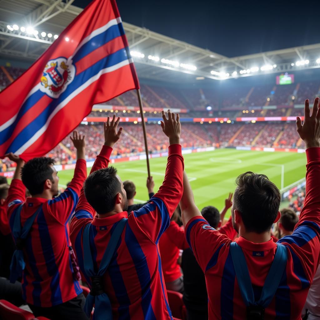 Football fans chanting in a stadium