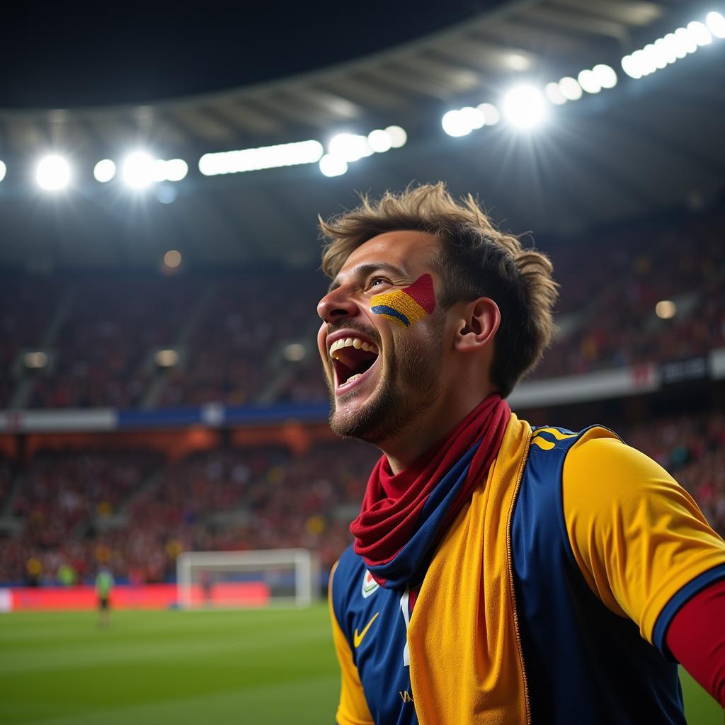 A football fan cheering enthusiastically for their team