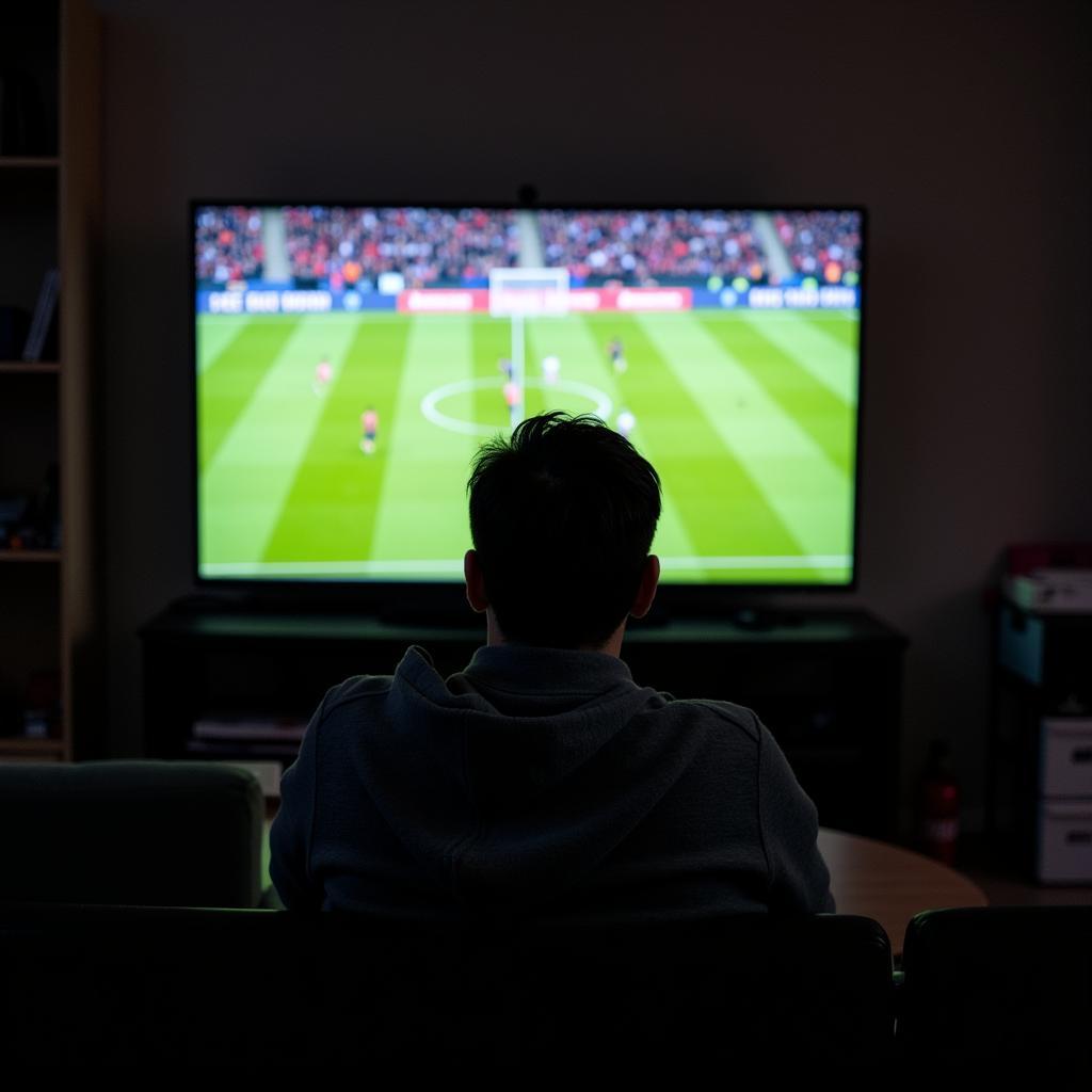 A football fan engrossed in watching a match at home