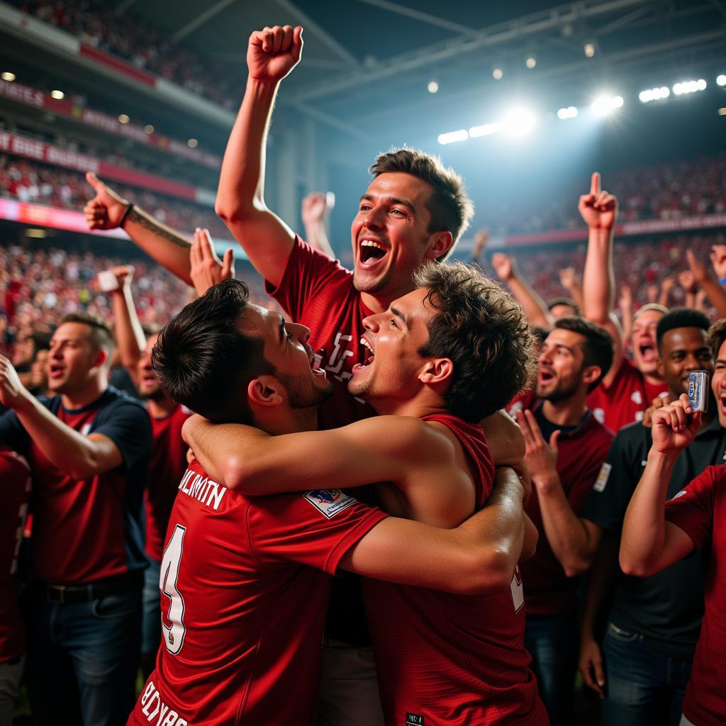 Football fans celebrating a victory.