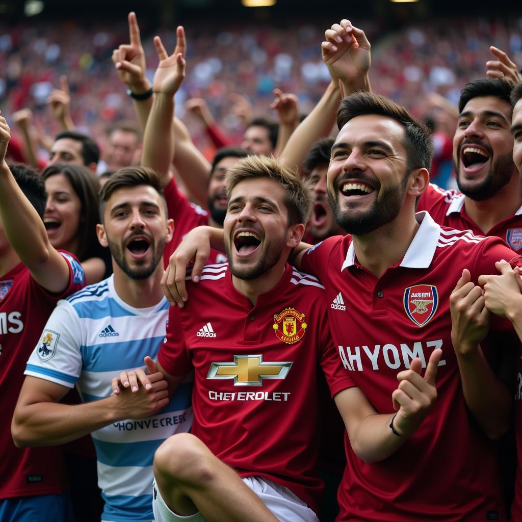 A diverse group of football fans celebrating their team's victory, highlighting the unifying power of the sport.