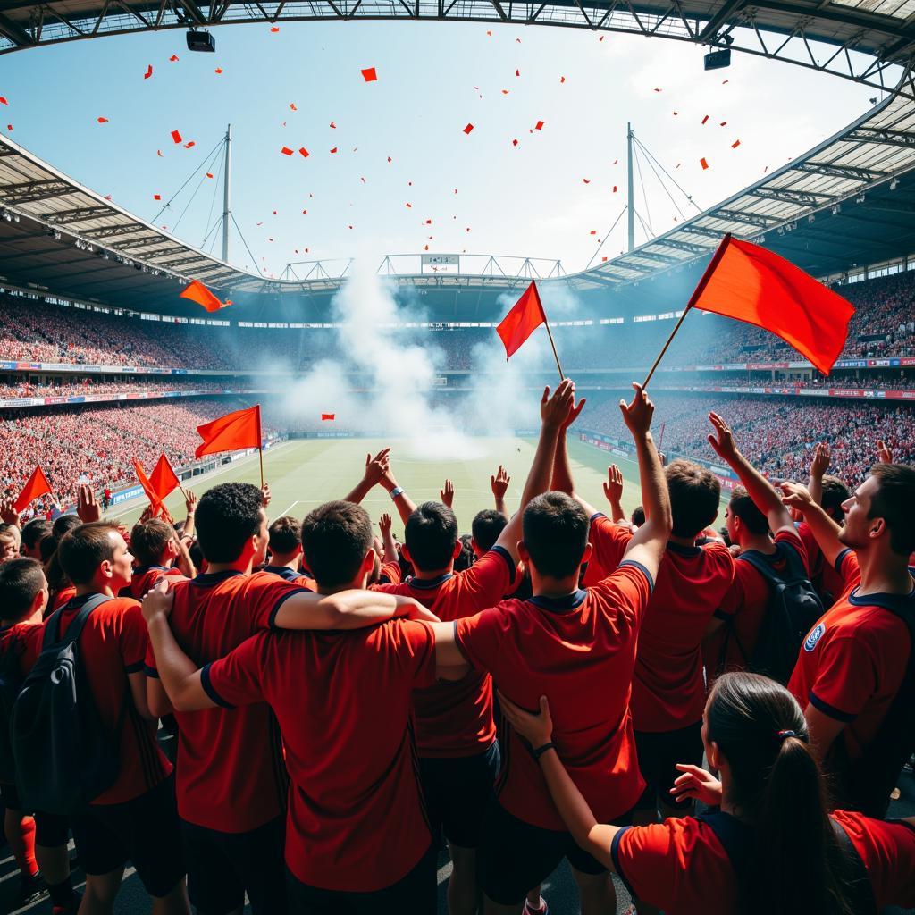 Football fans celebrating a victory together