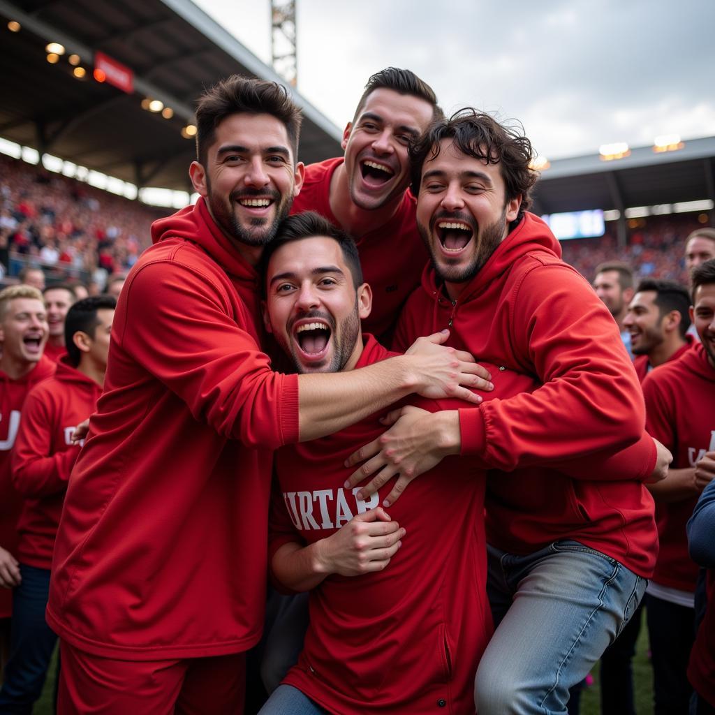 Football fans in red celebrating a victory, jumping and cheering with joy.