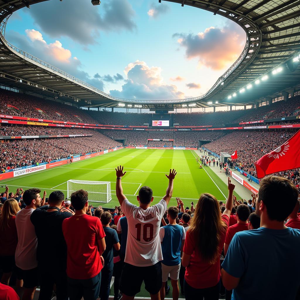 Football fans passionately cheering in the stadium.