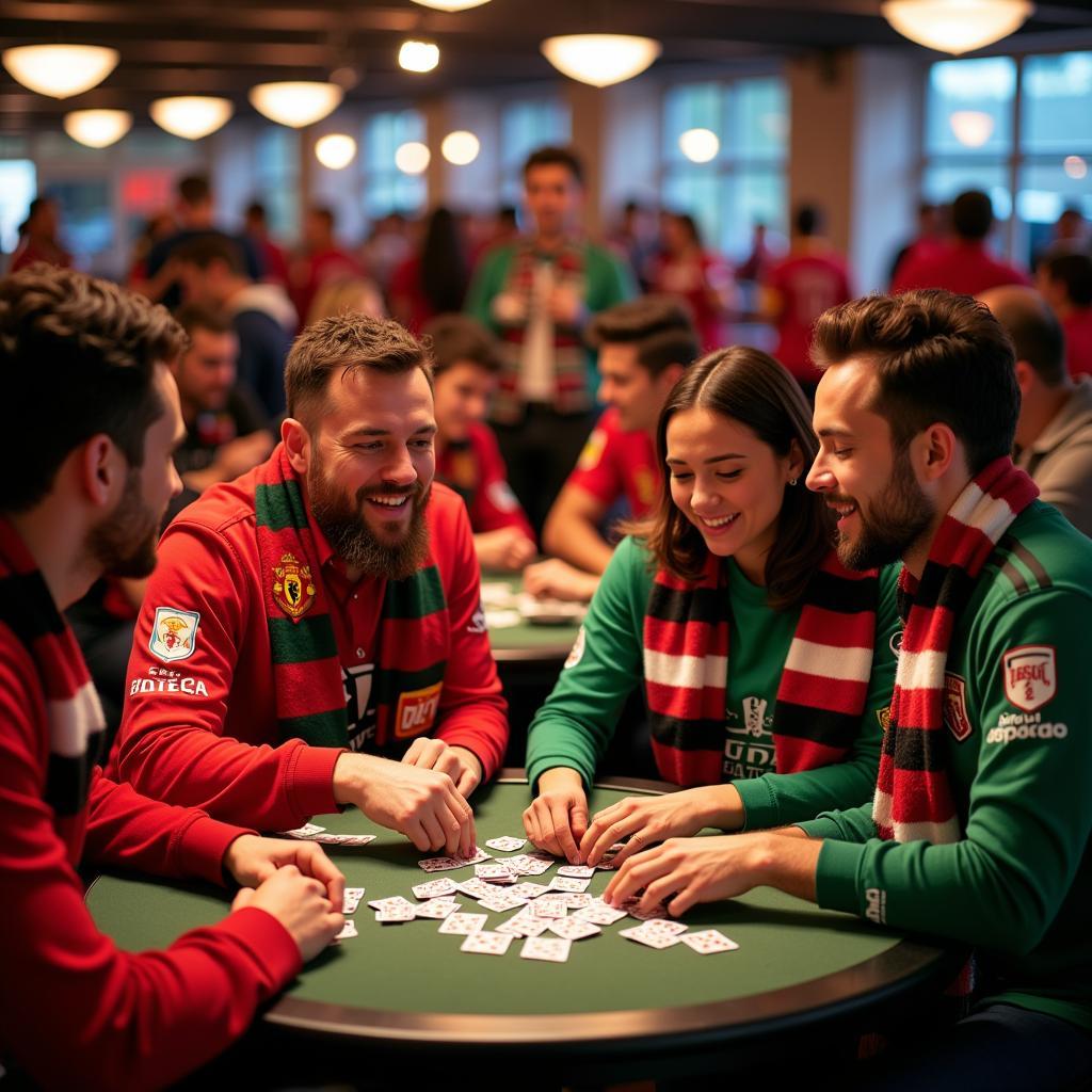 Football fans gather to play card games, showcasing the growing popularity of combining football fandom with card game entertainment.