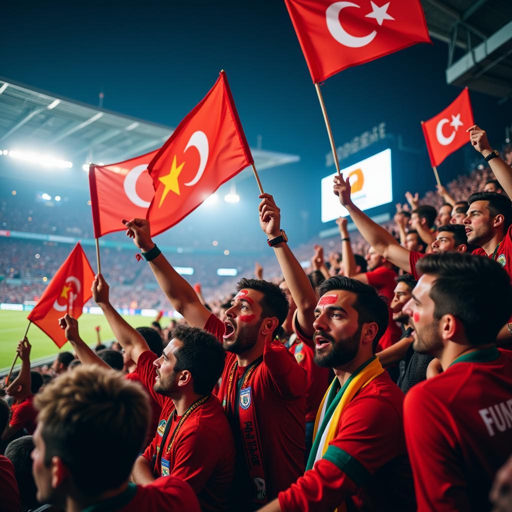 Football fans cheering enthusiastically in a packed stadium