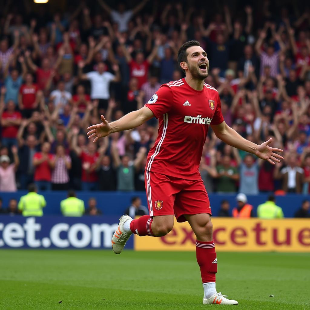 A football player celebrating a goal with passionate fans in the background, potentially related to the "Jack Bien Fan" mystery.