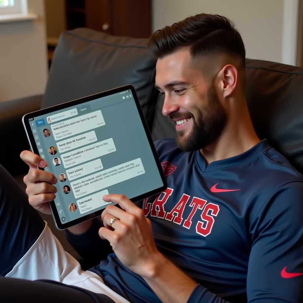 A football player responding to fan messages on a tablet.