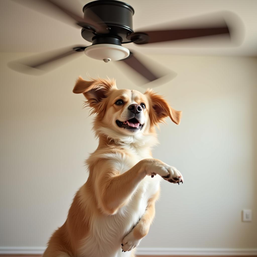 Funny cartoon depicting a dog interacting with a ceiling fan