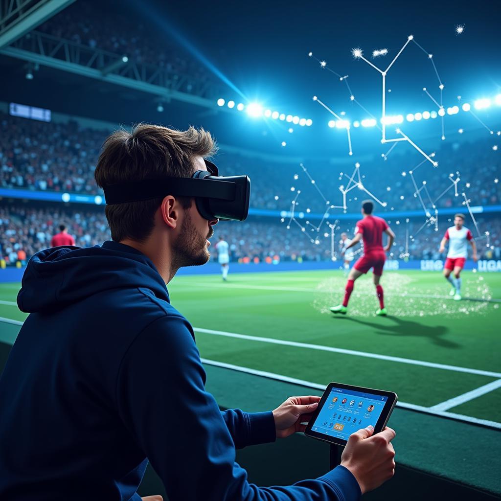 A fan man wearing a VR headset experiences a football match immersively, showcasing the potential of technology in shaping the future of fandom.