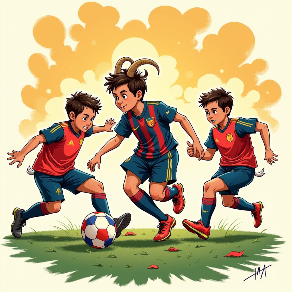 Messi as Goat Boy dribbling past defenders.