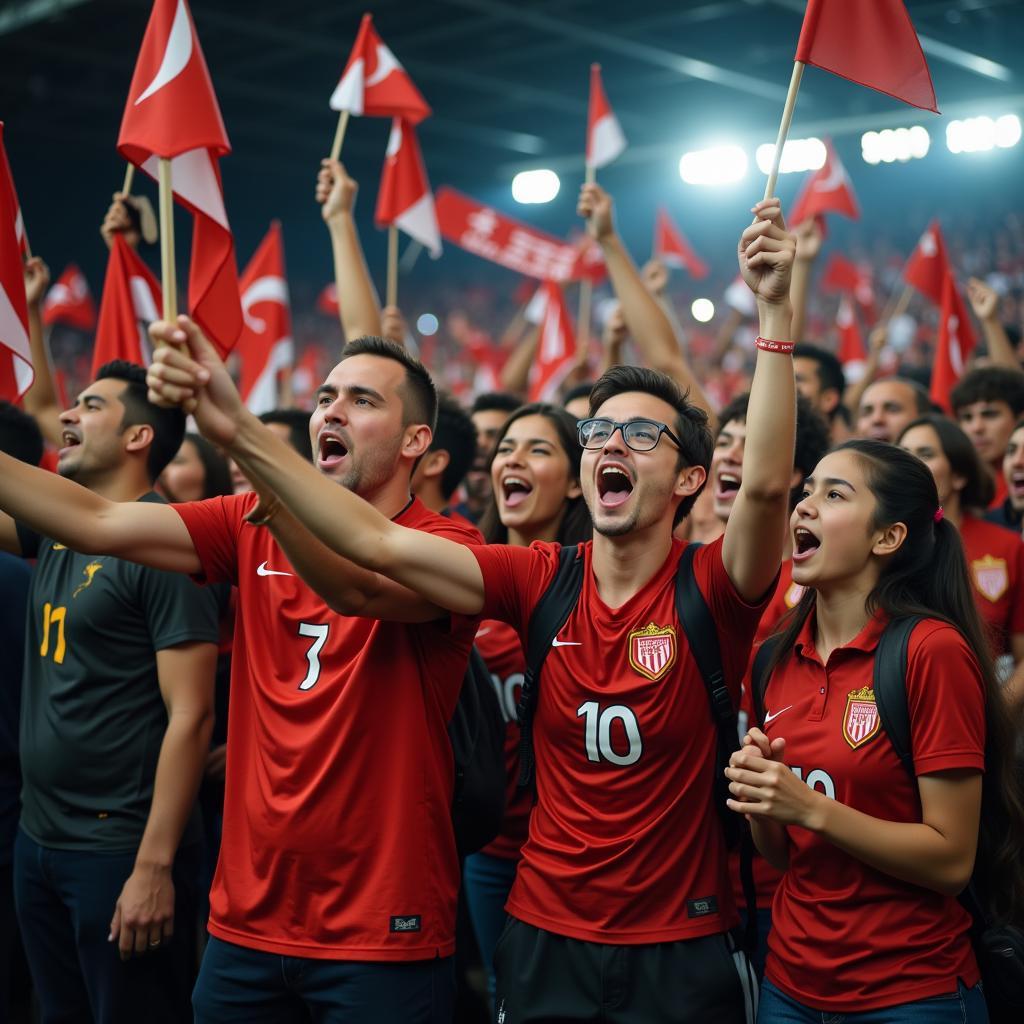 A small group of fans enthusiastically cheering for their team in a packed stadium