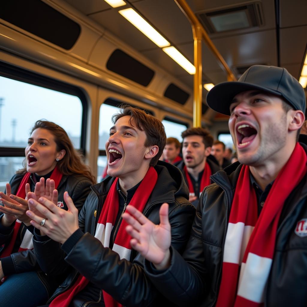 Hardcore fans traveling together to an away game, showcasing their commitment.