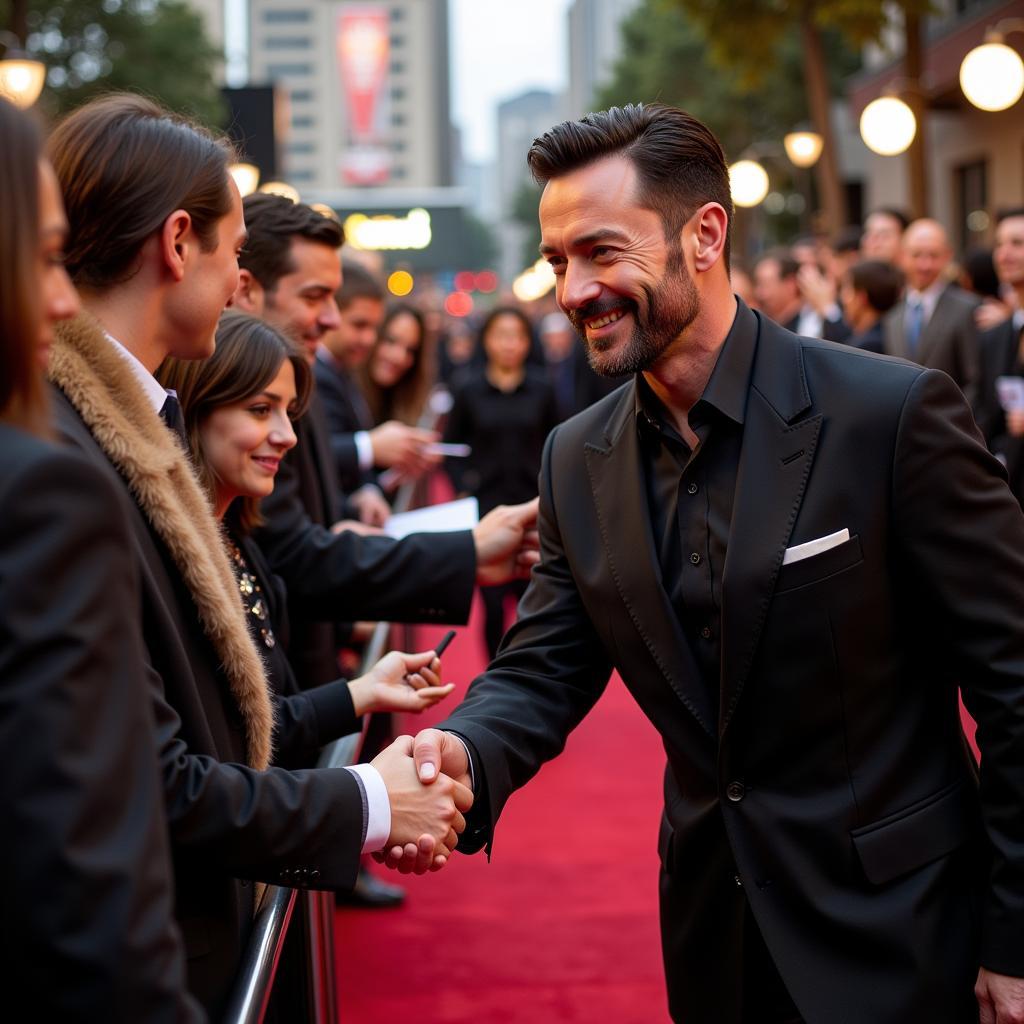 Hugh Jackman interacting with fans on the red carpet