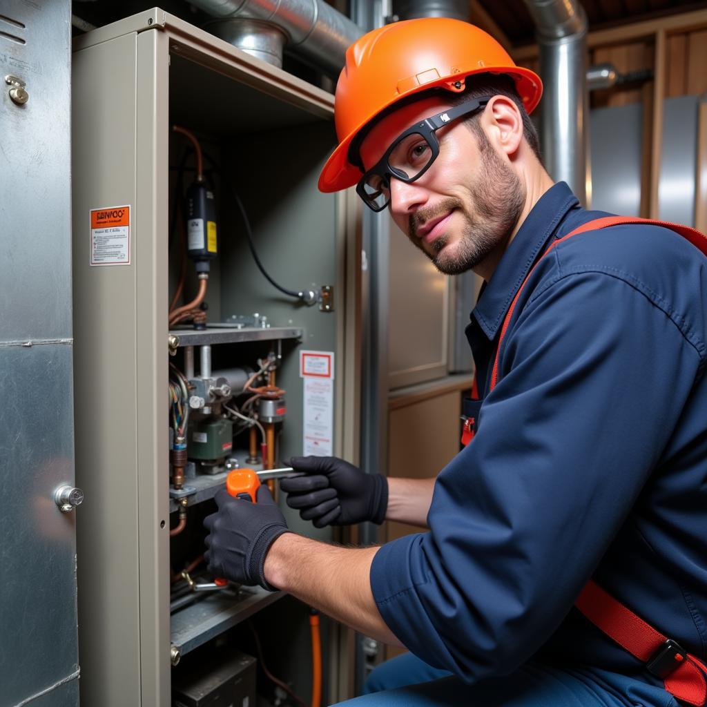 HVAC Technician performing a furnace inspection.