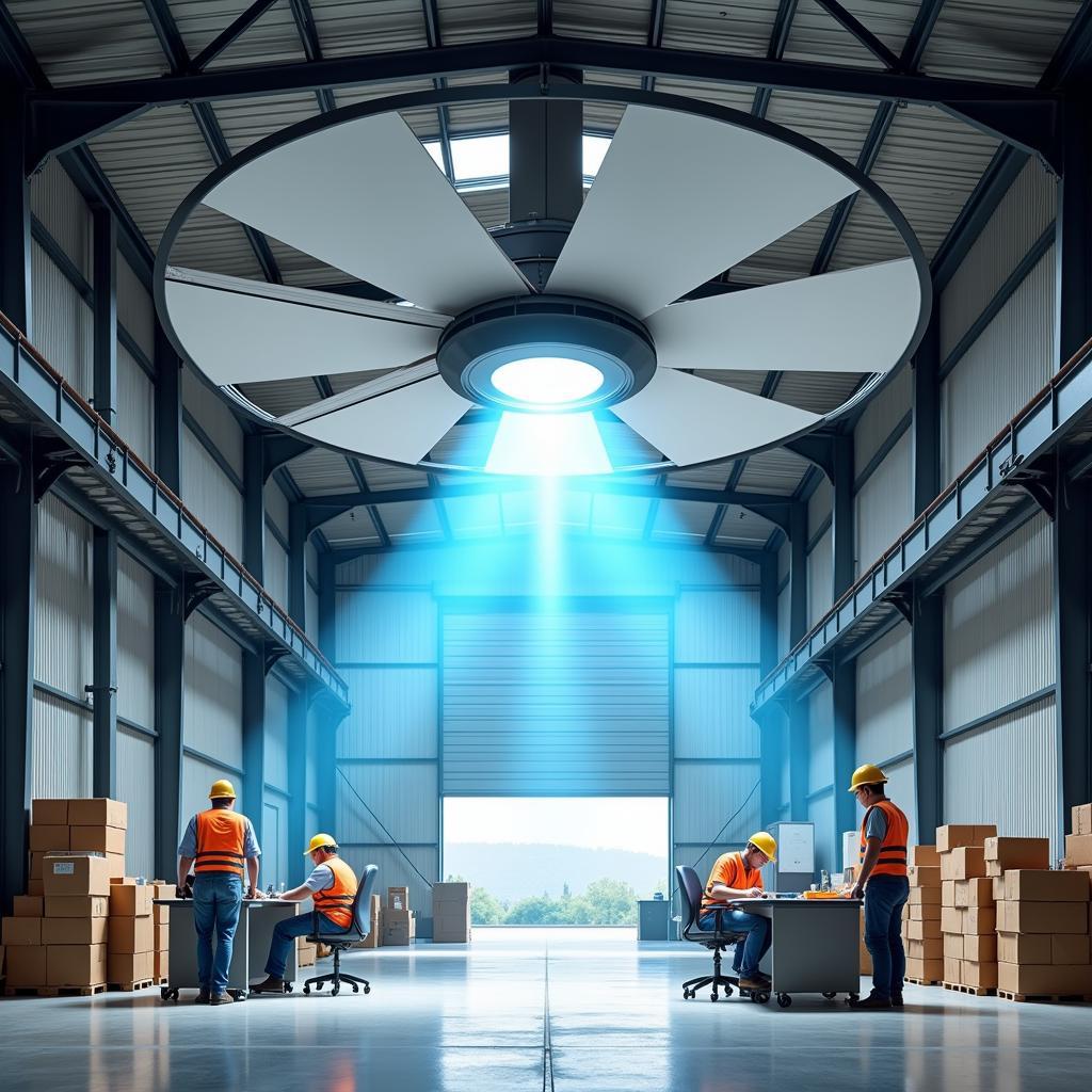 HVLS industrial ceiling fan cooling a warehouse