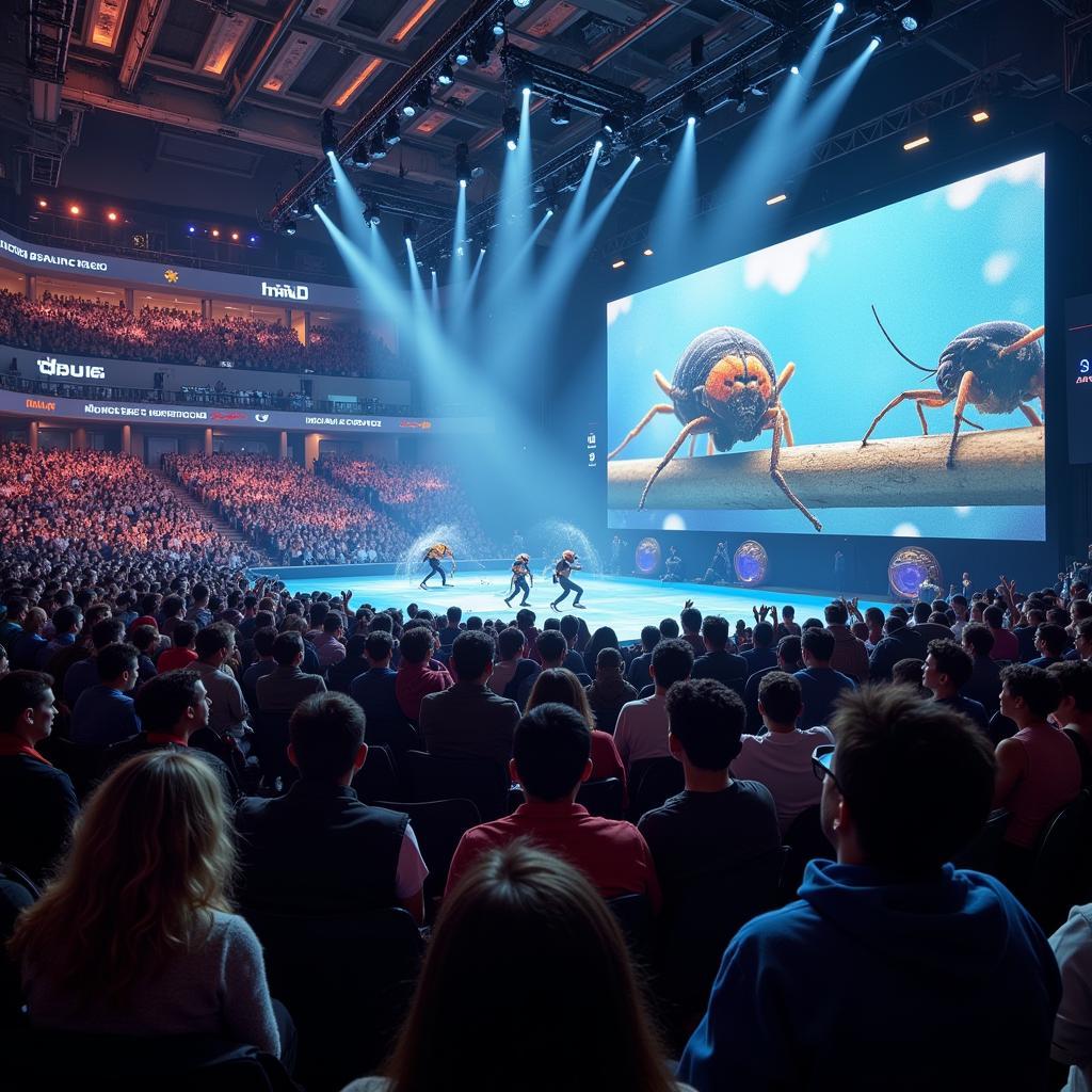 Insect Esports Arena - A vibrant, packed arena with spectators cheering on competing insect teams