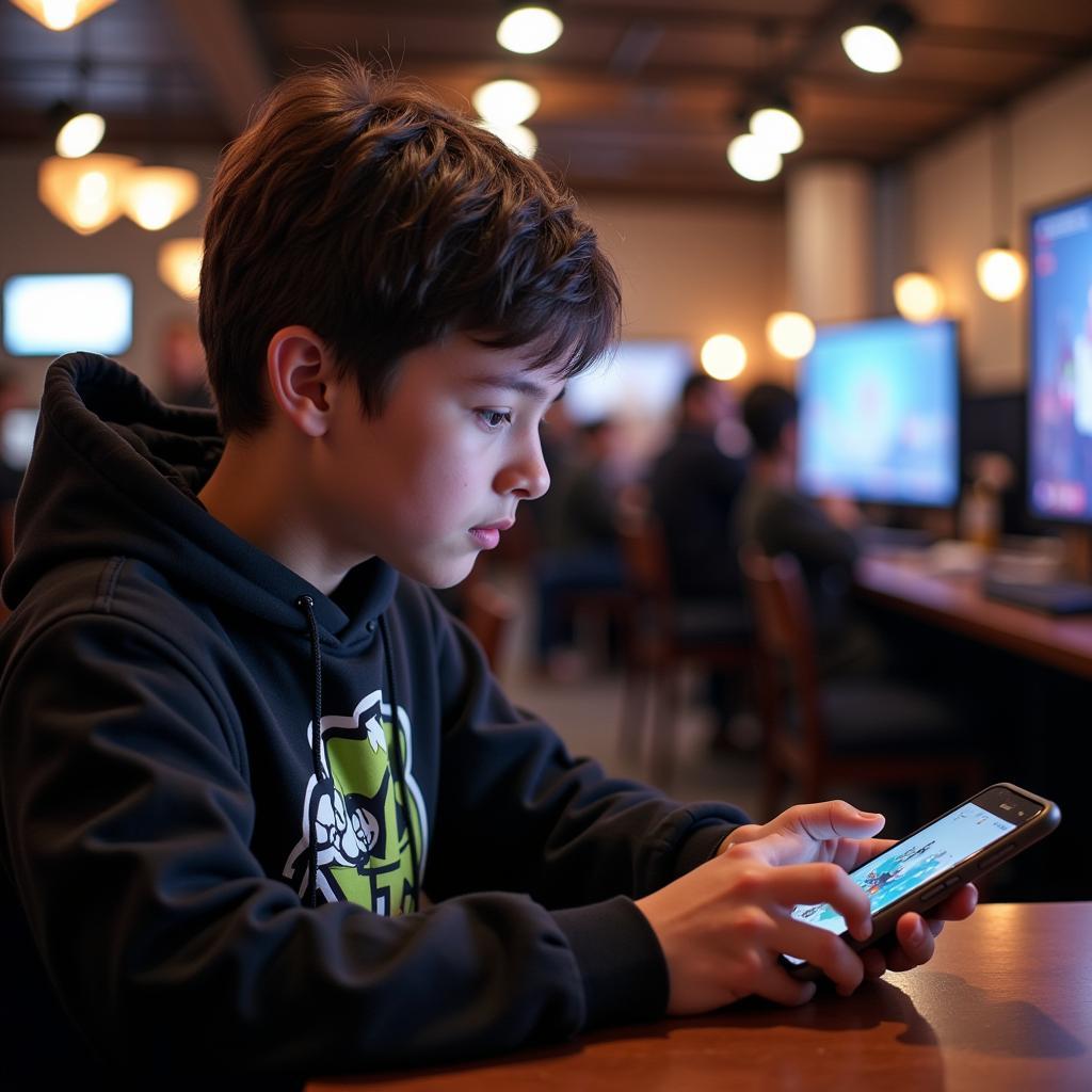 Insect Fan Watching Match - An engrossed fan watching an insect esports match on their mobile device