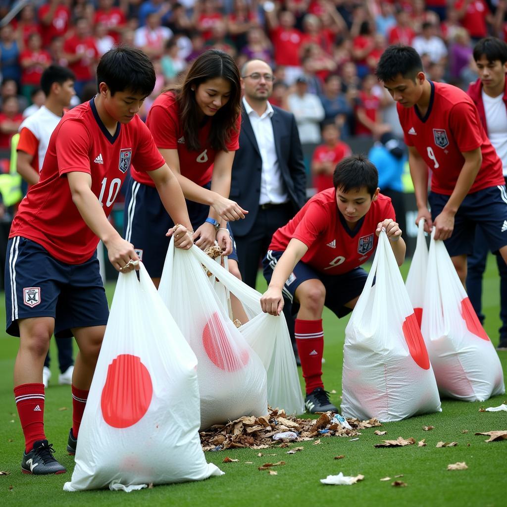 Japanese Fans Cleaning Stadium After World Cup Match