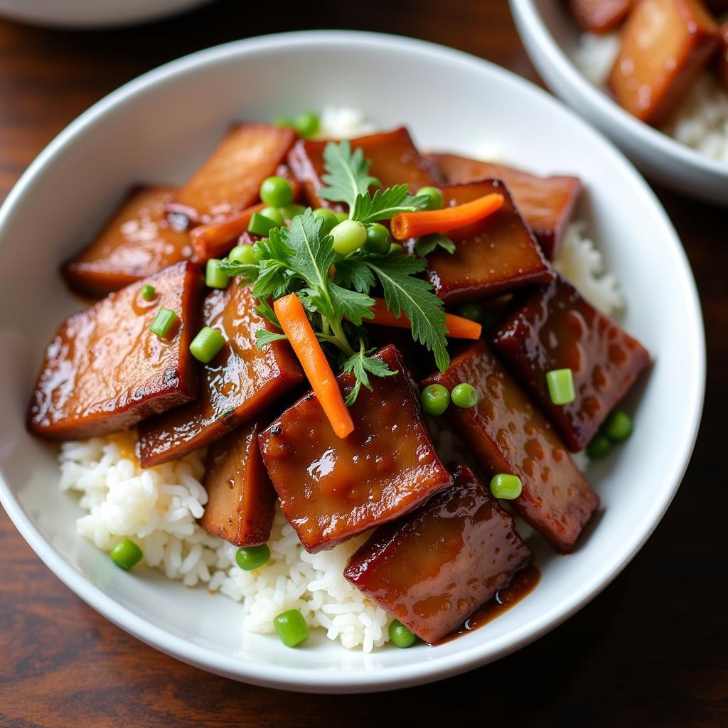 Serving Jing Feng Lu Rou Fan: A beautifully presented bowl of Jing Feng Lu Rou Fan, ready to be enjoyed.