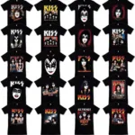 Kiss T-Shirts Collection: A variety of Kiss t-shirts showcasing different eras, album covers, and band members.