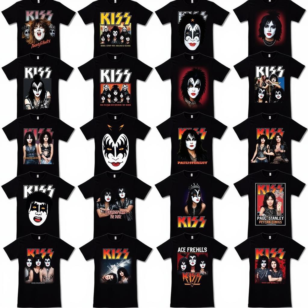 Kiss T-Shirts Collection: A variety of Kiss t-shirts showcasing different eras, album covers, and band members.