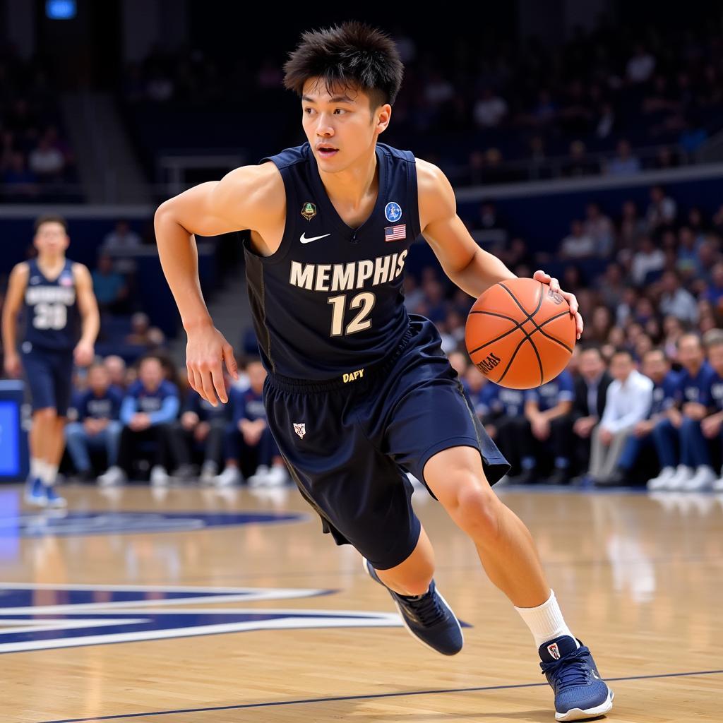 Laqin Fan playing in a University of Memphis basketball game