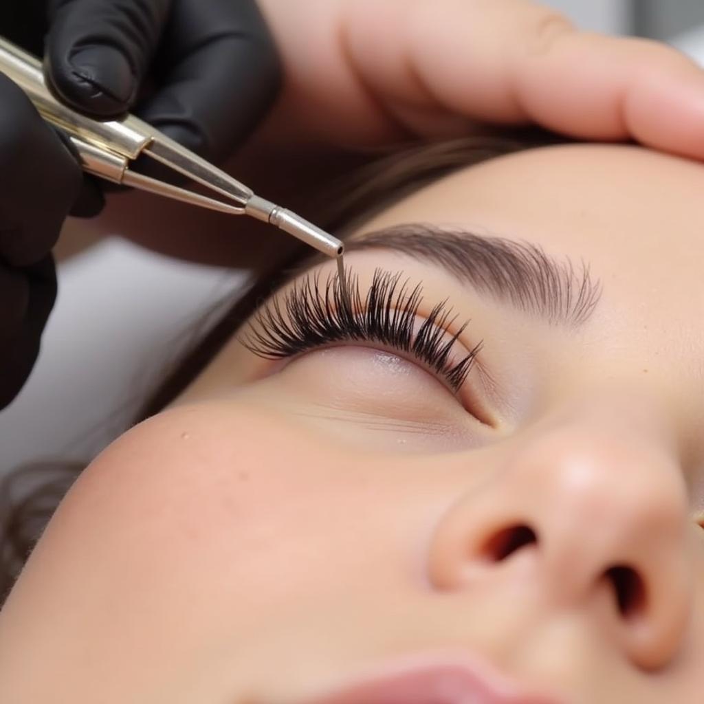 Lash technician applying premade fans to a client's lashes