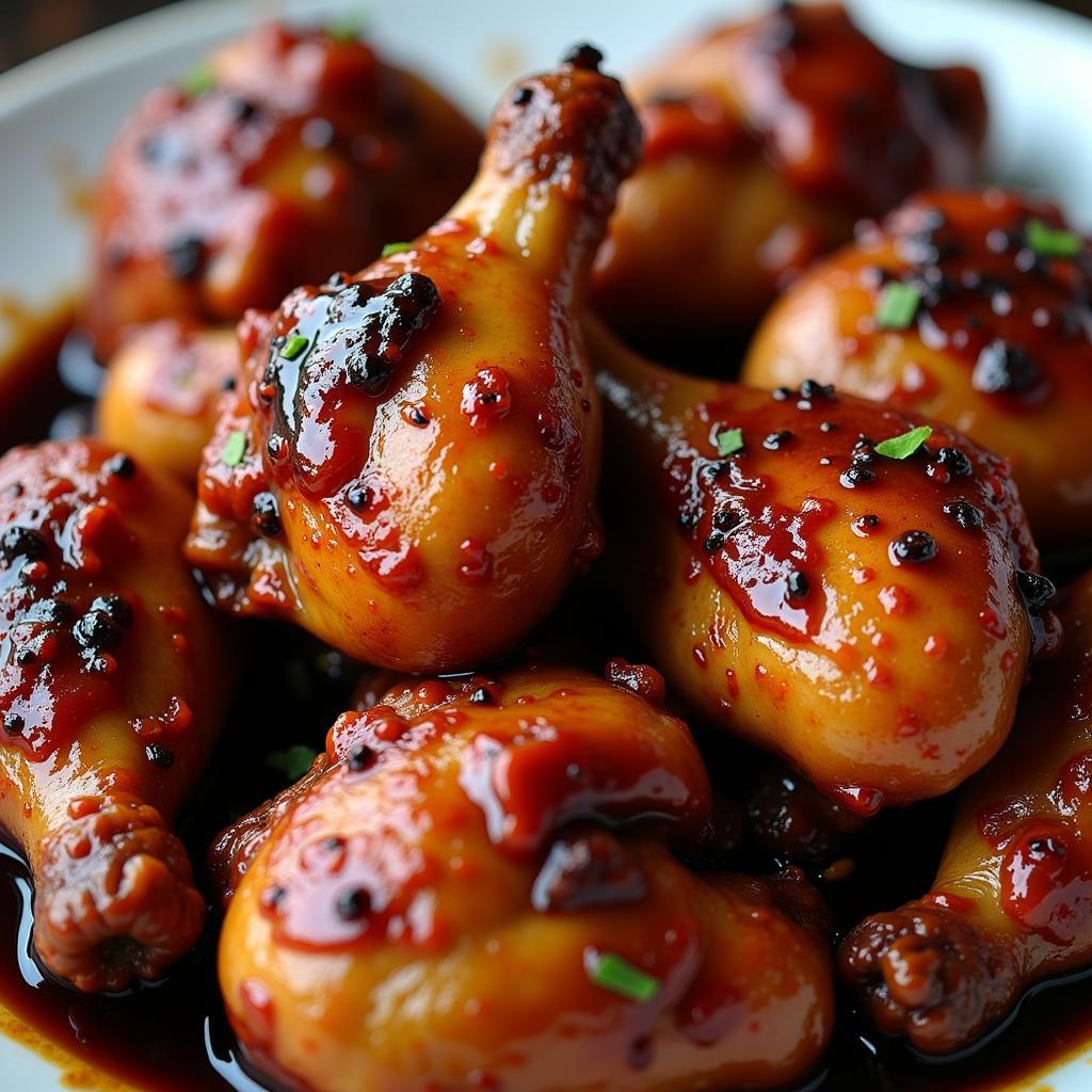 Close-up of Liao Fan's glistening soy sauce chicken, highlighting its perfectly braised skin and tender meat.