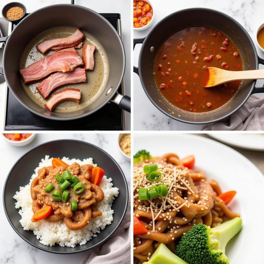 The process of making Lu Rou Fan, showing the braising of the pork and the final plating.