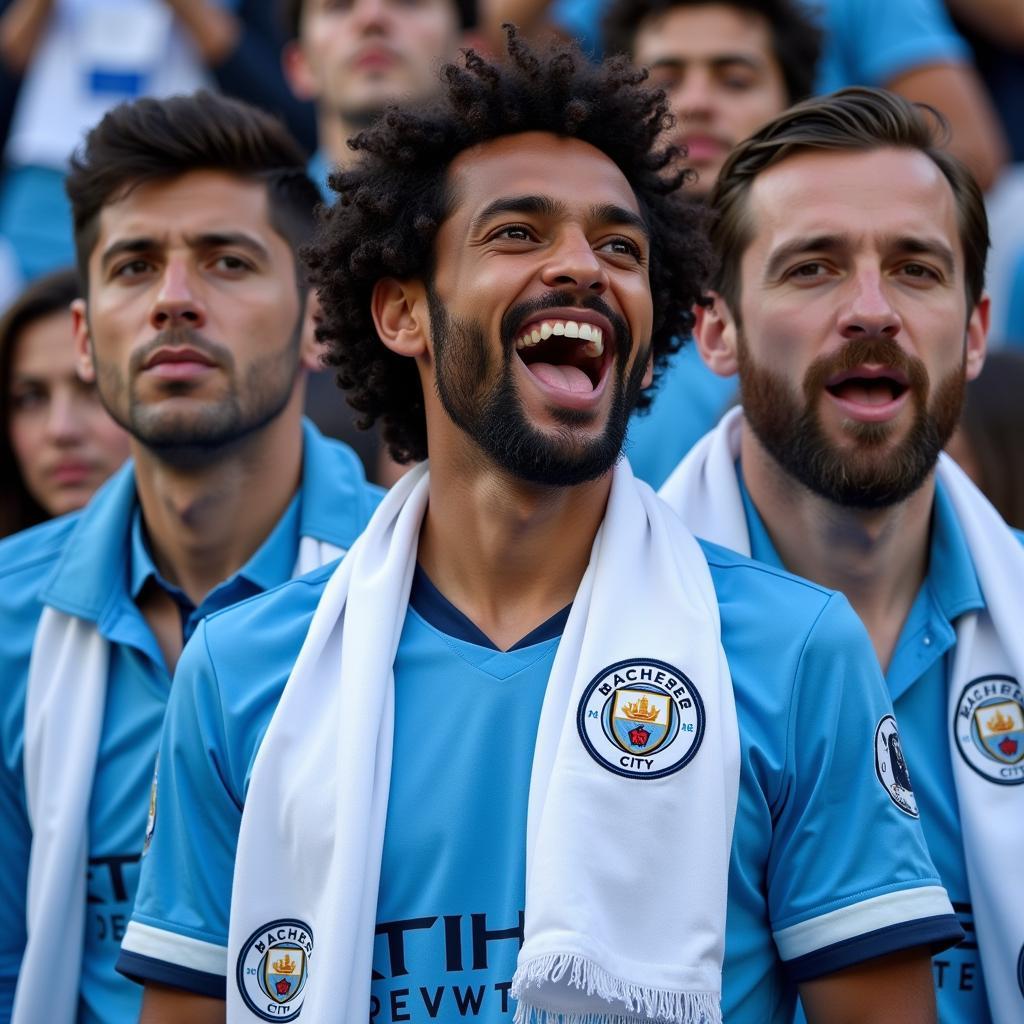 A diverse group of Man City fans from different countries, united by their love for the club.