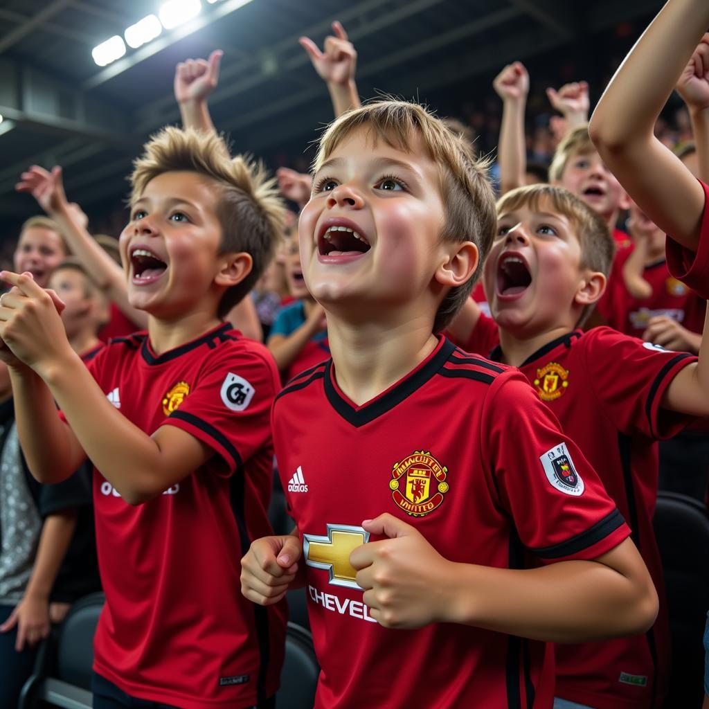 Young Manchester United fans cheering at a match, representing the future of the fanbase.