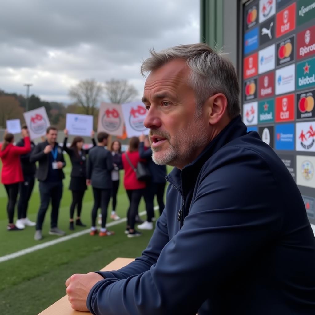 Manager facing press conference with fans protesting outside